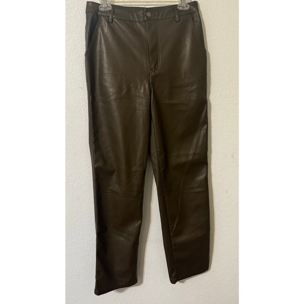 Faux Leather Pants Brown Straight Leg Trousers Casual Chic Career